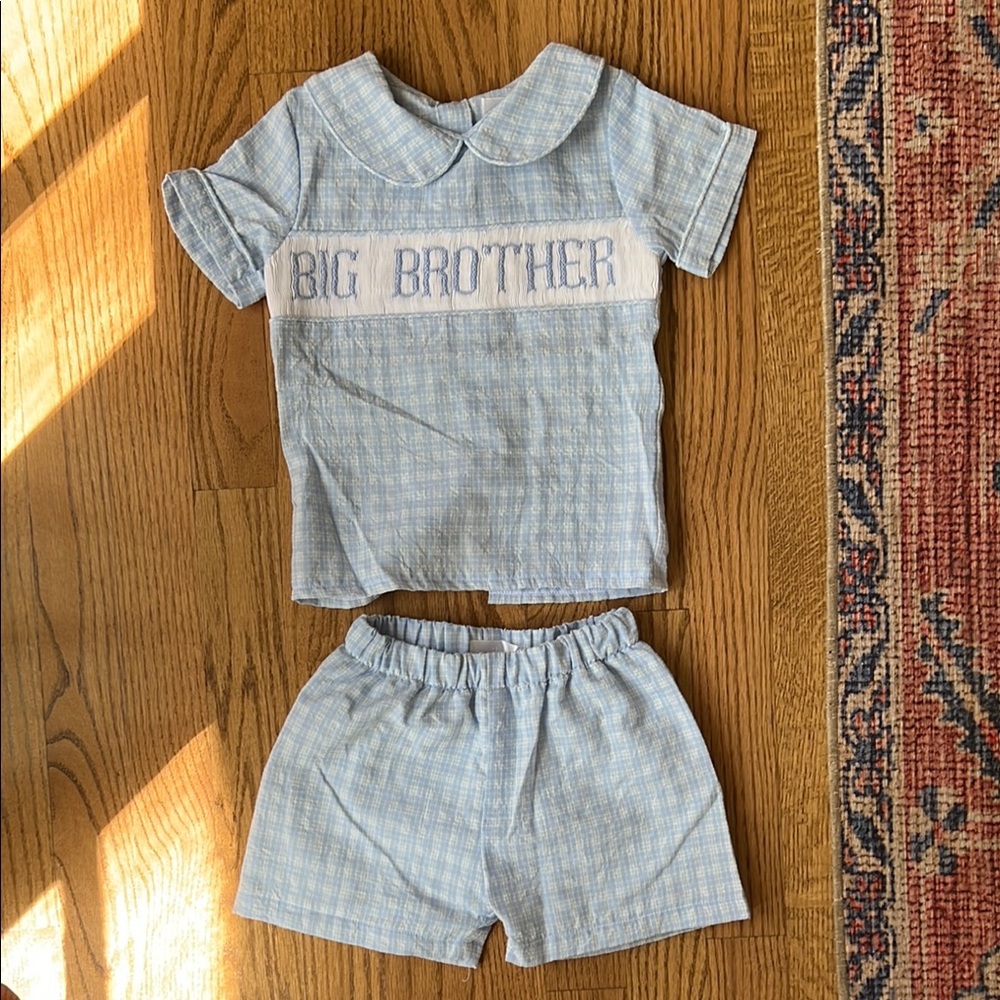 Cecil and Lou Blue Plaid 'Big Brother' Smocked Toddler Set 2T